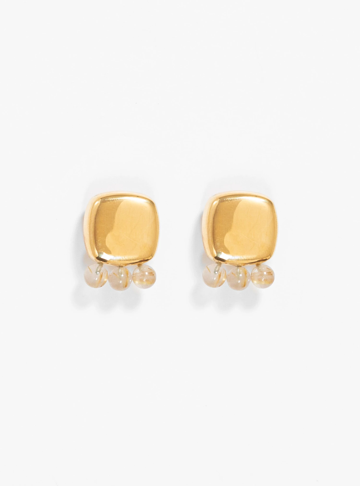 Beaded Button Sphere Earrings Bronze Rutilated Quartz